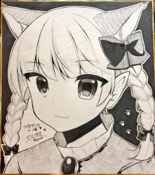 Rule 34 | 1girl, animal ears, blunt bangs, bow, braid, brooch, cat ears, closed mouth, extra ears, hair bow, hair ribbon, jewelry, kaenbyou rin, light smile, long hair, looking at viewer, monochrome, paw print, pointy ears, portrait, ribbon, signature, simple background, solo, touhou, traditional media, tress ribbon, twin braids, twintails, yadoyuki