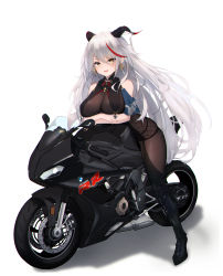 Rule 34 | 1girl, aegir (azur lane), armored boots, azur lane, bare shoulders, black footwear, bmw, bodystocking, boots, breast curtains, breasts, cleavage, cross, cross earrings, demon horns, earrings, full body, highres, horns, impossible clothes, iron cross, jewelry, knee boots, large breasts, long hair, looking at viewer, motor vehicle, motorcycle, multicolored hair, red hair, ru yan, simple background, single knee boot, skin tight, skindentation, streaked hair, two-tone hair, very long hair, white hair, yellow eyes