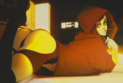 Rule 34 | 1girl, arm support, ass, backless pants, bike shorts, black hair, black hoodie, black nails, black panties, black shorts, black thighhighs, commentary, dark background, feet up, from behind, goth fashion, half-closed eyes, highres, hood, hoodie, host (obj shep), indoors, long hair, looking at viewer, looking back, lying, makeup, mascara, midriff peek, mouth hold, obj shep, on stomach, original, pale skin, panties, pants, ringed eyes, shorts, sideways glance, sideways mouth, solo, the pose, thick eyebrows, thighhighs, thong, underwear