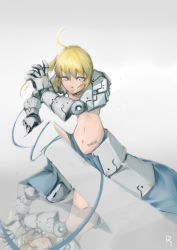 Rule 34 | 1girl, absurdres, ahoge, alternate costume, armor, artoria pendragon (all), artoria pendragon (fate), blonde hair, blue eyes, fate/stay night, fate (series), faulds, gauntlets, highres, huge weapon, midriff, oshin0 (zheng), reflection, ribbon, saber (fate), skirt, solo, sword, weapon