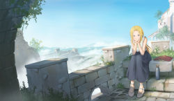 Rule 34 | 1girl, absurdres, blonde hair, blue eyes, book, castle, day, highres, long hair, long skirt, looking at viewer, mitsuki (yu hsiang yi), original, outdoors, scenery, sitting, skirt, sky, sleeveless, solo, thermos