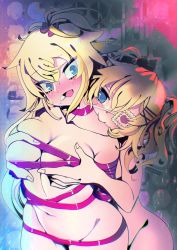Rule 34 | 2girls, :d, akai haato, areola slip, biting, blonde hair, blue eyes, blush, bound, breast fondle, grabbing another&#039;s breast, breasts, choker, collarbone, commentary request, drooling, dual persona, eyepatch, full-face blush, grabbing, grabbing from behind, hair ornament, hair ribbon, hairclip, hakkasame, highres, hololive, large breasts, long hair, medical eyepatch, multiple girls, navel, open mouth, red choker, red ribbon, ribbon, ribbon bondage, saliva, selfcest, short hair, short twintails, sidelocks, smile, stomach, twintails, very long hair, virtual youtuber, x hair ornament