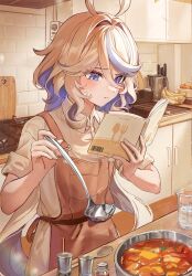 Rule 34 | 1girl, absurdres, ahoge, alternate costume, apron, beaker, blue eyes, blue hair, blush, book, brown apron, cooking, cup, dasha, furina (genshin impact), genshin impact, heterochromia, high collar, highres, holding, holding book, indoors, kitchen, light blue hair, long hair, looking at object, mismatched pupils, short sleeves, solo, upper body, very long hair