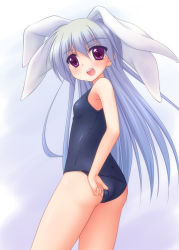 Rule 34 | 1girl, adjusting clothes, adjusting swimsuit, amarotamaro, animal ears, ass, blue hair, blush, female focus, flat chest, from behind, gradient background, long hair, looking back, one-piece swimsuit, original, purple eyes, rabbit ears, school swimsuit, solo, swimsuit, very long hair