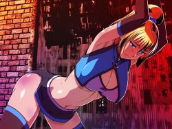 Rule 34 | 1girl, armpits, arms up, ass, bare shoulders, bent over, black skirt, blonde hair, blue eyes, blush, breasts, cleavage, elbow gloves, gloves, large breasts, legs, long hair, looking down, midriff, miniskirt, nagisa no ketsubat, navel, original, parted lips, ponytail, skirt, solo, sweat, thighhighs, thighs, yuki (12cut)