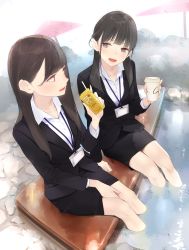 Rule 34 | 2girls, :d, ama mitsuki, ashiyu, black hair, blouse, breasts, brown eyes, brown hair, business suit, coffee cup, collared shirt, commentary, cup, disposable cup, drinking straw, formal, highres, id card, jacket, juice box, long hair, low twintails, multiple girls, office lady, open mouth, original, pencil skirt, revision, shirt, sitting, skirt, smile, soaking feet, steam, suit, suit jacket, teeth, twintails, water, white shirt