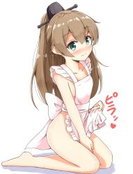 Rule 34 | 10s, 1girl, aikawa ryou, apron, hair between eyes, highres, kantai collection, kumano (kancolle), naked apron, simple background, solo, white background
