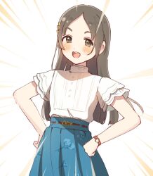 Rule 34 | 1girl, blue skirt, blush, brown eyes, buttons, commentary request, emphasis lines, flat chest, floral print, forehead, gakuen idolmaster, hair ornament, hands on own hips, idolmaster, kuramoto china, leaf hair ornament, light brown hair, long hair, looking at viewer, mmmakaron888, open mouth, parted bangs, print skirt, shirt, short sleeves, skirt, smile, smug, solo, teeth, upper teeth only, v-shaped eyebrows, watch, white background, white shirt, wristwatch
