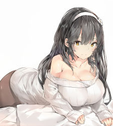 Rule 34 | 1girl, alternate costume, bare shoulders, bed sheet, black hair, blunt bangs, breasts, brown eyes, brown pantyhose, casual, closed mouth, collarbone, commentary request, eyelashes, flower, foreshortening, girls&#039; frontline, hair flower, hair ornament, hairband, highres, large breasts, long hair, long sleeves, looking at viewer, lying, off-shoulder, off-shoulder sweater, off shoulder, on stomach, pantyhose, ribbed sweater, silver (chenwen), simple background, sleeves past wrists, smile, solo, sweater, tsurime, type 95 (girls&#039; frontline), white background, white hairband, white sweater