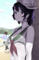 Rule 34 | 3girls, absurdres, adapted costume, alice margatroid, anchor symbol, animal ears, beach, black dress, black eyes, black hair, blonde hair, blue dress, blue eyes, blue sky, blush, breasts, cleavage, closed mouth, cloud, colored skin, commentary request, cookie (touhou), crop top, day, dress, expressionless, green sailor collar, grey hair, hairband, highres, ichigo (cookie), koiso usu, looking at viewer, medium breasts, milk (cookie), mountain, mouse ears, mouse girl, multiple girls, murasa minamitsu, nazrin, neckerchief, nyon (cookie), outdoors, red hairband, red neckerchief, red sash, sailor collar, sash, shirt, short hair, sideways hat, sky, sleeveless, sleeveless shirt, solo focus, touhou, underboob, upper body, white headwear, white skin
