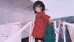 Rule 34 | 1girl, artist name, backpack, bag, black hair, black pants, boat, bob cut, brown eyes, carabiner, coat, commentary, dated, food, green bag, hair ornament, hair strand, hairclip, holding, holding bag, hood, hood down, landscape, lifebuoy, looking at viewer, looking back, luggage, mouth hold, ocean, original, overcast, pants, pocky, railing, raised eyebrows, red coat, red rope, rope, ship, short hair, signature, sky, swim ring, watercraft, xilmo