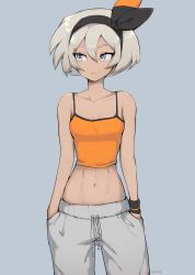 Rule 34 | 1girl, :&lt;, abs, bea (pokemon), black hairband, blue eyes, breasts, camisole, casual, collarbone, commentary, cowboy shot, creatures (company), crop top, dark-skinned female, dark skin, english commentary, game freak, grey background, hair between eyes, hairband, hands in pockets, highres, light brown hair, looking to the side, milka (milk4ppl), navel, nintendo, pants, pokemon, pokemon swsh, short hair, small breasts, solo, toned, track pants, wristband