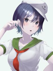 Rule 34 | 1girl, anchor symbol, black eyes, black hair, blush, breasts, colored skin, commentary request, cookie (touhou), green sailor collar, grey background, hat, johnnyyyyy, looking at viewer, medium breasts, milk (cookie), murasa minamitsu, neckerchief, open mouth, red neckerchief, sailor collar, sailor hat, shirt, short hair, simple background, solo, touhou, upper body, white hat, white shirt, white skin