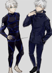 Rule 34 | 2boys, barefoot, black blindfold, black footwear, black pants, blindfold, blindfold down, blue eyes, blue lock, closed mouth, commentary request, crossover, foot out of frame, full body, gojou satoru, grey background, hair between eyes, hand on own hip, high collar, jujutsu kaisen, long sleeves, looking at viewer, male focus, multiple boys, nagi seishirou, nori20170709, pants, short hair, twitter username, white hair