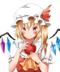 Rule 34 | 1girl, apple, ascot, blonde hair, blush, breasts, closed mouth, collared shirt, commentary, crystal, flandre scarlet, food, frilled shirt collar, frills, fruit, hat, hat ribbon, holding, holding food, holding fruit, light smile, looking at viewer, medium hair, multicolored wings, one side up, puffy short sleeves, puffy sleeves, red apple, red eyes, red ribbon, red vest, ribbon, ribbon-trimmed headwear, ribbon trim, shiono akari, shirt, short sleeves, simple background, sleeve ribbon, small breasts, solo, touhou, upper body, vest, white background, white shirt, wings, yellow ascot