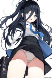 Rule 34 | 1girl, ahoge, aris (blue archive), black hair, blue archive, blue eyes, blush, bow, bow panties, chintora0201, commentary, english commentary, green halo, hair between eyes, halo, highres, jacket, long hair, looking at viewer, open clothes, open jacket, open mouth, panties, shirt, side ponytail, simple background, skirt, solo, thighs, underwear, white background, white panties, white shirt