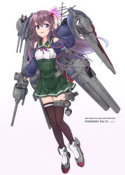 Rule 34 | 1girl, adapted costume, adapted turret, black thighhighs, blue jacket, brown hair, cannon, character name, commentary request, crescent, crescent pin, full body, green sailor collar, green skirt, hair ornament, highres, jacket, kantai collection, kisaragi (kancolle), long hair, looking at viewer, machinery, minosu, original remodel (kantai collection), purple eyes, sailor collar, school uniform, serafuku, simple background, skirt, smile, solo, thighhighs, turret, white background