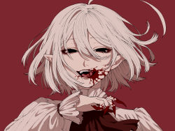 Rule 34 | 1boy, absurdres, ahoge, ascot, black eyes, blood, blood on face, blood on hands, fangs, hair between eyes, highres, huge filesize, lipstick, long bangs, looking at viewer, makeup, male focus, ohayousan 084, original, pale skin, pointy ears, portrait, puffy sleeves, red background, shirt, simple background, solo, teeth, trap, tsurime, vampire, white hair, white shirt
