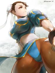Rule 34 | 1girl, breasts, brown eyes, brown hair, capcom, chinese clothes, chun-li, double bun, from below, hair bun, large breasts, legs, pantyhose, solo, street fighter, thighs, white background, yotastar