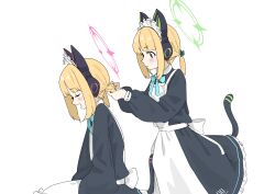 Rule 34 | 2girls, absurdres, animal ear headphones, animal ears, apron, black dress, blonde hair, blue archive, blush, cat tail, closed eyes, dress, fake animal ears, green eyes, green halo, halo, headphones, highres, long sleeves, maid apron, midori (blue archive), midori (maid) (blue archive), momoi (blue archive), momoi (maid) (blue archive), multiple girls, official alternate costume, open mouth, p2p2hifumi, pink halo, puffy long sleeves, puffy sleeves, short hair, siblings, simple background, sisters, smile, tail, twins, white apron, white background