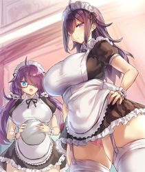 Rule 34 | 2girls, :o, ahoge, apron, blue eyes, blush, breasts, closed mouth, collar, commentary request, dress, frills, glasses, hair over one eye, hands on own hips, haruto (pokoten), holding, large breasts, long hair, looking at viewer, maid apron, maid headdress, multiple girls, open mouth, original, panties, pink panties, pokoten (pokoten718), purple eyes, purple hair, renna (pokoten), short dress, short sleeves, standing, thigh strap, thighhighs, twintails, underwear, white legwear, wristband