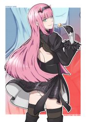 Rule 34 | 1girl, absurdres, artist name, ass, back cutout, black dress, black hairband, black headwear, boots, candy, clothing cutout, commentary, copyright name, cosplay, darling in the franxx, dress, english commentary, feather-trimmed sleeves, food, gloves, green eyes, hairband, high heel boots, high heels, highres, holding, holding candy, holding food, horns, juliet sleeves, leather, leather boots, leotard, long sleeves, looking back, nier (series), nier:automata, oni horns, panties, pink hair, puffy sleeves, ravenide, red horns, smile, solo, straight hair, thigh boots, thighhighs, thighhighs under boots, underwear, vambraces, white leotard, white panties, 2b (nier:automata), 2b (nier:automata) (cosplay), zero two (darling in the franxx), zoom layer