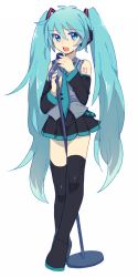 Rule 34 | 1girl, aqua eyes, aqua hair, bad id, bad pixiv id, boots, detached sleeves, hatsune miku, headphones, long hair, microphone, microphone stand, music, necktie, open mouth, simple background, singing, skirt, solo, straddling, thigh boots, thighhighs, twintails, utsugi (basement 01000), very long hair, vocaloid, white background