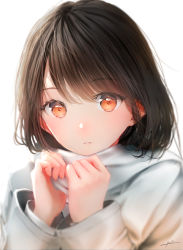 Rule 34 | 1girl, black hair, clothing request, face, highres, long sleeves, looking at viewer, ojay tkym, orange eyes, original, scarf, simple background, solo, swept bangs, white background, white scarf