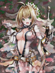 Rule 34 | 1girl, aestus estus, ahoge, belt, blonde hair, blush, bodysuit, breasts, center opening, chain, fate/extra, fate/extra ccc, fate/grand order, fate (series), flower wreath, full-length zipper, green eyes, hair between eyes, hair intakes, head wreath, highres, large breasts, lock, long hair, looking at viewer, loose belt, navel, nero claudius (bride) (fate), nero claudius (fate), nero claudius (fate) (all), open mouth, padlock, smile, solo, suishougensou, sword, thighs, veil, weapon, white bodysuit, zipper, zipper pull tab