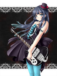 Rule 34 | 00s, 1girl, akiyama mio, asymmetrical clothes, bad id, bad pixiv id, bass guitar, blue eyes, blue hair, blue pantyhose, don&#039;t say &quot;lazy&quot;, dress, facepaint, gloves, hat, instrument, k-on!, long hair, matching hair/eyes, mini hat, mini top hat, mochi.f, pantyhose, rickenbacker, single glove, solo, striped, top hat