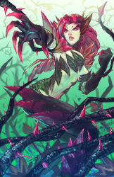 Rule 34 | 1girl, breasts, highres, huge breasts, large breasts, league of legends, long hair, louten, monster girl, non-web source, plant, red hair, self-upload, thorns, vines, wearing plant, yellow eyes, zyra