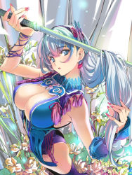 Rule 34 | 1girl, blue eyes, breasts, cleavage, earrings, fingernails, flower, gauntlets, holding, holding hair, jewelry, large breasts, long hair, original, popqn, silver hair, solo, sword, weapon