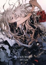 Rule 34 | 2girls, arm up, artist name, bad id, bad pixiv id, closed eyes, closed mouth, dress, english text, floating hair, grey eyes, hair behind ear, holding hands, long hair, looking at another, multiple girls, original, qtonagi, short sleeves, standing, white hair