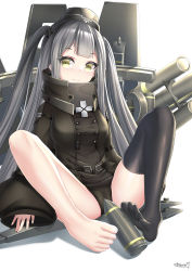 Rule 34 | 1girl, 88 flak (ash arms), absurdres, amsxure, ash arms, barefoot, black hair, black thighhighs, breasts, coat, commentary request, foot focus, green eyes, highres, long hair, looking at viewer, m legs, medium breasts, panties, shell casing, simple background, single thighhigh, solo, spread legs, thighhighs, toes, trench coat, underwear, white background