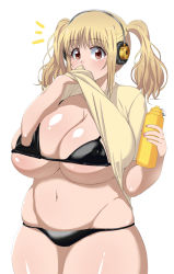 Rule 34 | 1girl, bikini, bikini under clothes, black bikini, blonde hair, blush, bottle, breasts, cleavage, clothes lift, deep skin, headphones, highres, huge breasts, komusou (jinrikisha), looking at viewer, navel, nitroplus, orange eyes, plump, shirt lift, short hair, simple background, solo, super pochaco, swimsuit, swimsuit under clothes, twintails, wiping mouth