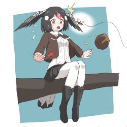 Rule 34 | 1girl, absurdres, bee, bird tail, bird wings, black footwear, black hair, black neckwear, black skirt, blush, boots, branch, brown eyes, brown jacket, bug, collared shirt, commentary, flying sweatdrops, greater honeyguide (kemono friends), hair between eyes, head wings, highres, insect, jacket, kemono friends, long sleeves, multicolored hair, open clothes, open jacket, pantyhose, pink hair, pleated skirt, shirt, short hair, sitting, skirt, solo, tail, totori (ttr oti), white hair, white pantyhose, white shirt, wings