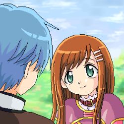 Rule 34 | 1boy, 1girl, belt, blue hair, blue sky, brown hair, collar, day, fayt leingod, frilled collar, frilled shirt collar, frills, green eyes, hair ornament, hairclip, long hair, looking at another, lowres, outdoors, short hair, sidelocks, sky, smile, solo focus, sophia esteed, star ocean, star ocean till the end of time, upper body