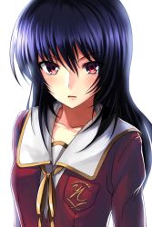 Rule 34 | 1girl, backlighting, blue hair, blush, kuon no kizuna, looking at viewer, red eyes, school uniform, simple background, solo, takahara mayou, tooi aoiro, upper body, white background