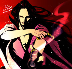 Rule 34 | 1boy, artist name, black hair, character name, closed mouth, danbat miho, dated, gun, highres, holding, holding gun, holding weapon, izou (one piece), japanese clothes, kimono, long hair, long sleeves, looking at viewer, male focus, one piece, red background, red eyes, shade, simple background, smile, smoke, solo, upper body, weapon, wide sleeves