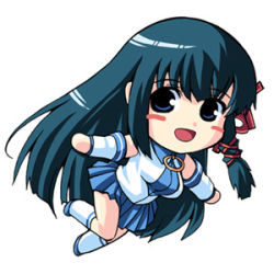 Rule 34 | 1girl, :d, black hair, blue eyes, blue skirt, blush, chibi, chibi only, detached sleeves, full body, hair ornament, kneehighs, looking at viewer, lowres, open mouth, os-tan, pleated skirt, shirt, simple background, skirt, sleeveless, sleeveless shirt, smile, socks, solo, white background, x hair ornament, xp-tan
