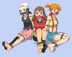 Rule 34 | 3girls, angry, arms behind back, bare shoulders, barefoot, bdsm, beanie, belly, blue eyes, blue hair, bound, bound arms, brown hair, cloth gag, collarbone, creatures (company), dawn (pokemon), denim, denim shorts, gag, gagged, game freak, hair ornament, hairclip, hat, improvised gag, looking at viewer, lost one zero, may (pokemon), midriff, miniskirt, misty (pokemon), multiple girls, navel, nintendo, open collar, orange hair, over the mouth gag, over the nose gag, pokemon, pokemon (anime), pokemon (classic anime), pokemon dppt (anime), pokemon rse (anime), rope, shorts, sitting, skirt, socks, unworn socks, suspenders, sweat, v-neck