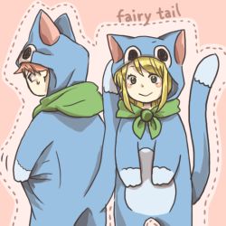 Rule 34 | 1boy, 1girl, :&gt;, animal costume, cat costume, copyright name, cosplay, dotted line, erinan, fairy tail, happy (fairy tail), happy (fairy tail) (cosplay), kigurumi, lucy heartfilia, natsu dragneel, scarf