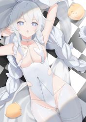 Rule 34 | 1girl, :o, absurdres, animal ears, azur lane, blue eyes, braid, breasts, checkered floor, fake animal ears, hands up, highres, le malin (azur lane), le malin (listless lapin) (azur lane), leotard, long hair, looking at viewer, lying, manjuu (azur lane), official alternate costume, on back, on floor, open mouth, oxygen mask (oxygenmask233), playboy bunny, rabbit ears, simple background, small breasts, solo, star-shaped pupils, star (symbol), symbol-shaped pupils, thighhighs, twin braids, white hair, white leotard, white thighhighs, zettai ryouiki