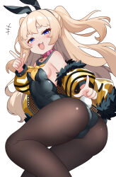 Rule 34 | 1girl, :d, absurdres, adapted costume, animal ears, ass, azur lane, bache (azur lane), bare shoulders, black leotard, blonde hair, blue eyes, blush, breasts, clothes pull, collar, curly hair, detached collar, double finger gun, fake animal ears, fake tail, fang, finger gun, from below, from side, fur-trimmed jacket, fur trim, hair between eyes, half-closed eyes, highres, igarashi gozo, index finger raised, jacket, jacket pull, legs folded, leotard, long hair, looking at viewer, looking back, mesugaki, micro shorts, neckerchief, off-shoulder jacket, off shoulder, open clothes, open jacket, open mouth, pantyhose, pink collar, playboy bunny, purple eyes, rabbit ears, rabbit tail, sailor collar, shorts, skin tight, small breasts, smile, smug, solo, strapless, strapless leotard, tail, thick eyebrows, thighs, two side up, very long hair, white background, yellow jacket, yellow neckerchief