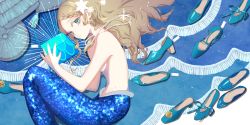 Rule 34 | 1girl, absurdres, bag, blue eyes, hair ornament, high heels, highres, jewelry, light brown hair, long hair, looking at viewer, lying, mermaid, monster girl, natsuiro, navel, necklace, on side, original, pearl necklace, pumps, shell, shell bikini, shoes, solo