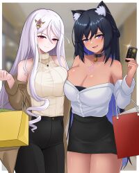 Rule 34 | 2girls, absurdres, alternate costume, animal ear fluff, animal ears, bag, bare shoulders, bell, black hair, breasts, carmen (counter:side), chest tattoo, cleavage, counter:side, credit card, dark-skinned female, dark skin, highres, large breasts, long hair, looking at viewer, maestra nequitia, multiple girls, neck bell, purple eyes, royalmonkey, shopping bag, tattoo, white hair