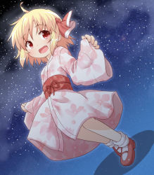 Rule 34 | 1girl, alternate costume, blonde hair, floral print, full body, gradient background, hair ribbon, japanese clothes, kimono, long sleeves, natsu no koucha, obi, open mouth, red eyes, ribbon, rumia, sash, sky, smile, solo, star (sky), starry sky, touhou, wide sleeves