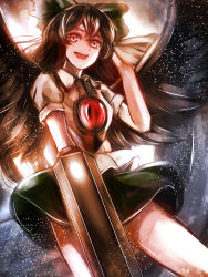Rule 34 | 1girl, arm cannon, bad id, bad pixiv id, bird wings, black hair, black wings, bow, cape, hair bow, highres, jan (lightdragoon), open mouth, puffy short sleeves, puffy sleeves, red eyes, reiuji utsuho, shirt, short sleeves, skirt, smile, solo, third eye, touhou, weapon, wings