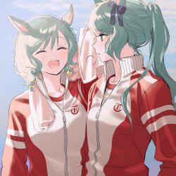 Rule 34 | 2girls, :d, ^ ^, animal ears, aqua hair, bang dream!, blue bow, blush, bow, braid, breasts, closed eyes, collarbone, commentary, cosplay, green eyes, hair bow, heavy breathing, highres, hikawa hina, hikawa sayo, horse ears, horse girl, jacket, kemonomimi mode, long hair, looking at another, low twin braids, medium hair, multicolored clothes, multicolored jacket, multiple girls, open mouth, outdoors, parted lips, ponytail, red jacket, red track suit, shirt, siblings, sidelocks, small breasts, smile, sweat, towel, tracen training uniform, twin braids, twins, two-tone jacket, umamusume, white shirt, yellow bow, zihacheol