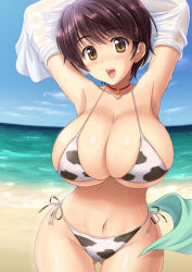 Rule 34 | 10s, 1girl, animal print, arms up, beach, bell, neck bell, bikini, black hair, blush, breasts, brown eyes, brown hair, choker, cleavage, cow print, curvy, day, covered erect nipples, female focus, gluteal fold, huge breasts, idolmaster, idolmaster cinderella girls, kishi nisen, large breasts, looking at viewer, navel, oikawa shizuku, open mouth, outdoors, short hair, smile, solo, swimsuit, undressing, water, wet, wide hips